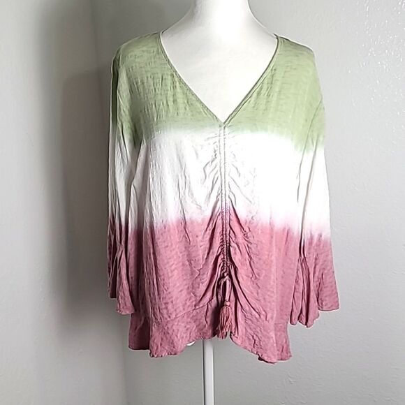 Cato Colorblock Blouse, Ruching Down the Front, Green,White,Pink, Size 14/16W - Picture 1 of 8